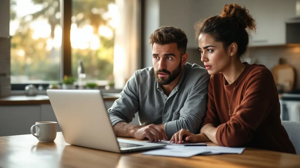 First-time buyer Florida insurance shock — couple looking alarmed at unexpectedly high home insurance quote on laptop