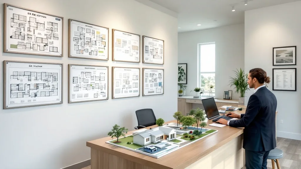 New construction sales office Florida — DR Horton style sales office interior with floor plans on walls and community scale model