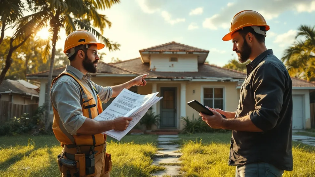 BRRRR strategy South Florida distressed property — real estate investor and contractor assessing distressed home with blueprints