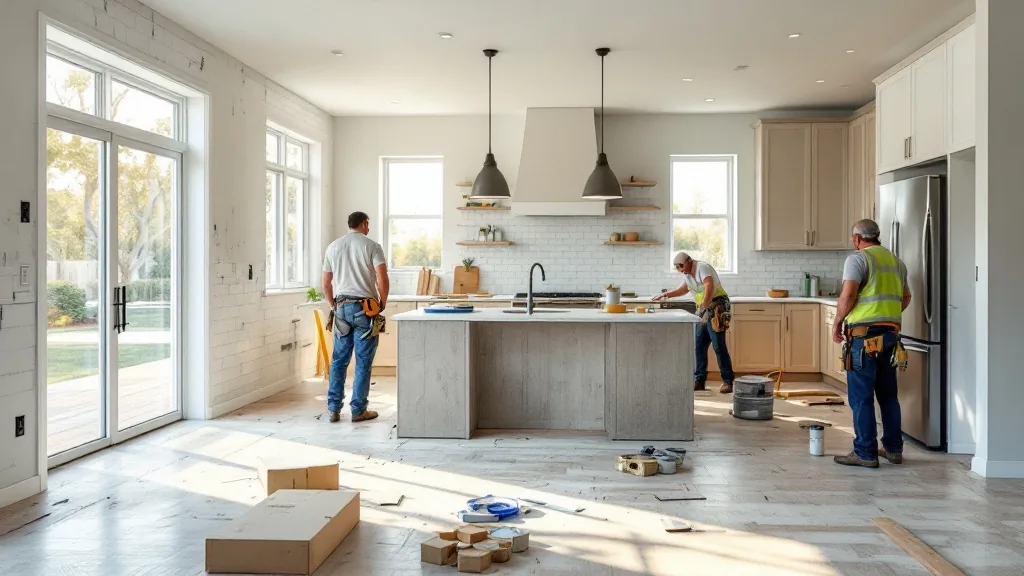 BRRRR strategy South Florida renovation — active kitchen renovation with workers installing flooring and cabinets