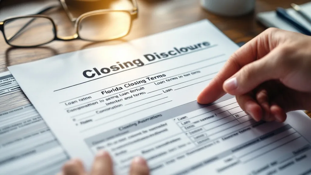 Florida closing disclosure page 1 review — buyer examining loan terms and projected monthly payment on closing disclosure document