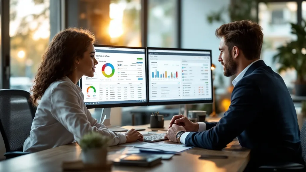 Credit score requirements Florida home loan — mortgage officer reviewing credit report on dual monitors with couple across desk