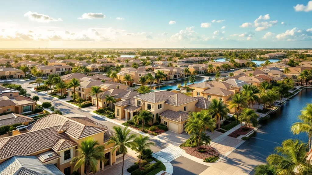 DR Horton Homestead FL aerial — drone view of South Florida new construction community with stucco homes and community pool