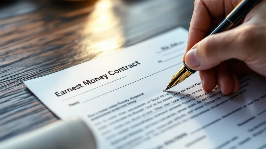 Earnest money Florida — close-up of earnest money check being written on dark wood desk with real estate contract