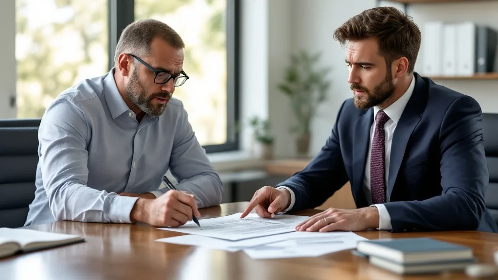 Earnest money contract review Florida — real estate attorney and homebuyer reviewing Florida purchase contract at conference table
