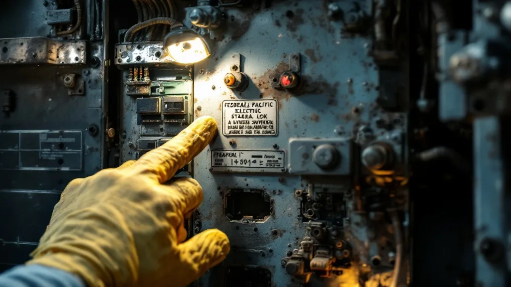 Federal Pacific Stab-Lok panel Florida — inspector's gloved hand pointing to aging FPE panel with warning label visible