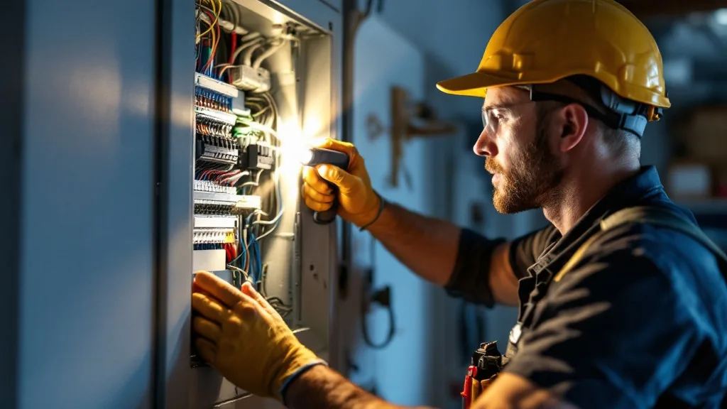Electrical panel identification Florida — licensed electrician opening panel with flashlight showing interior wiring and brand label
