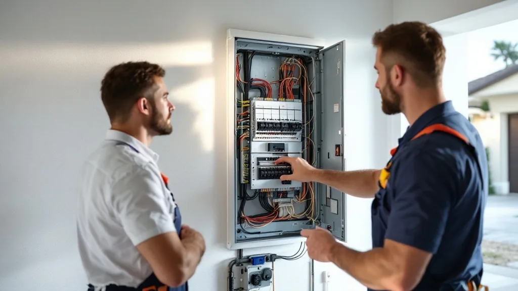Modern electrical panel upgrade Florida — licensed electrician showing homebuyer brand new panel installation in South Florida home