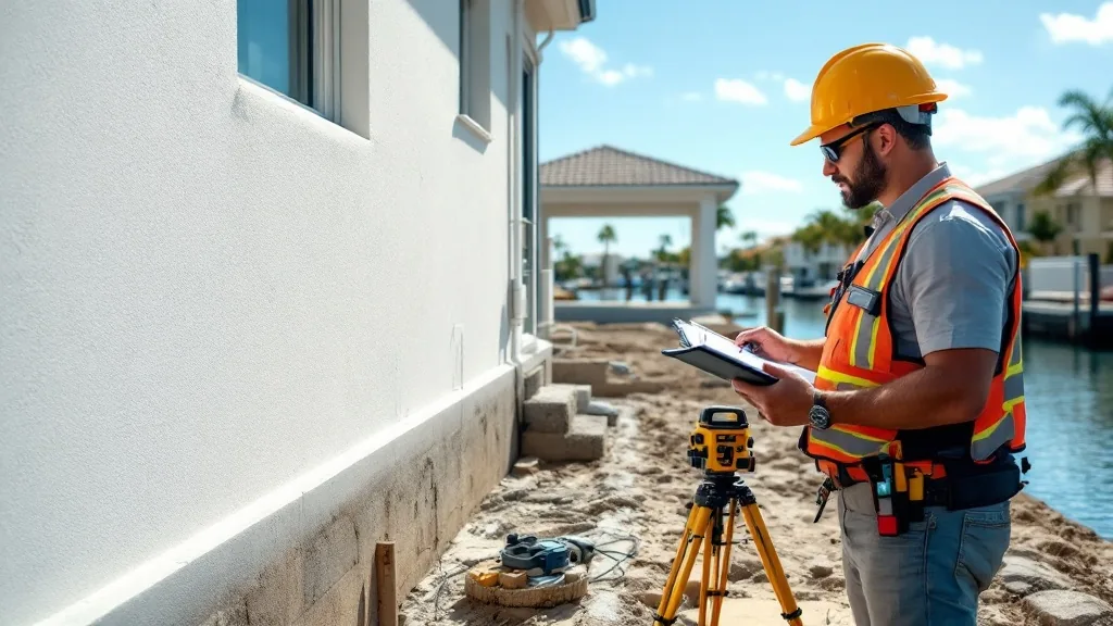 Elevated home flood zone inspection South Florida — licensed GC inspector measuring foundation elevation on waterfront property