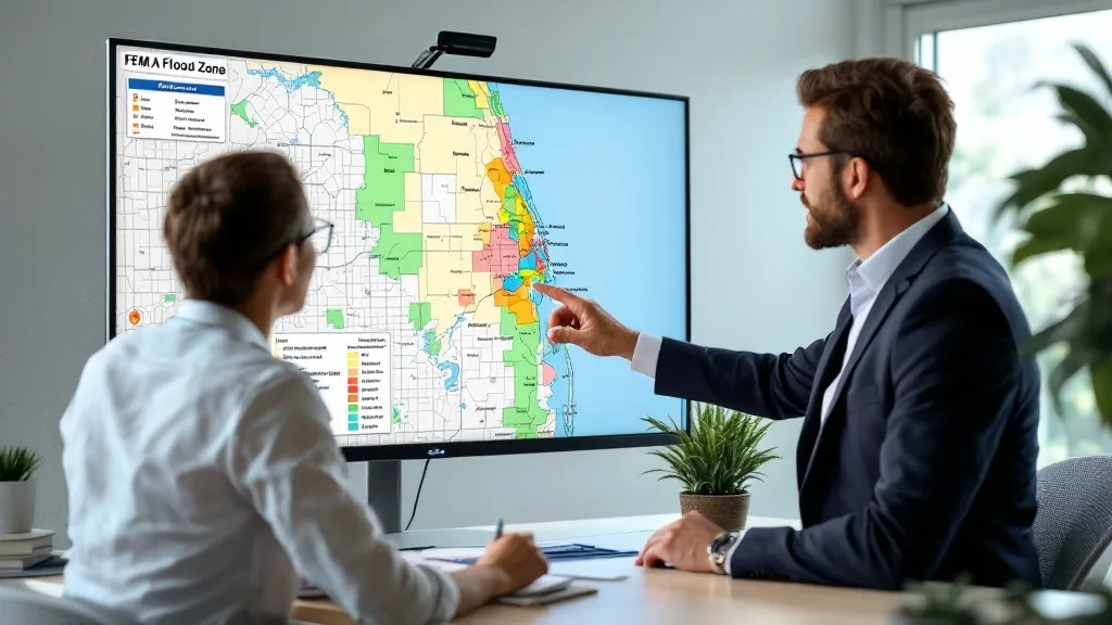 FEMA flood zone map review Florida — real estate advisor pointing to flood zone designations on FEMA flood map for South Florida property