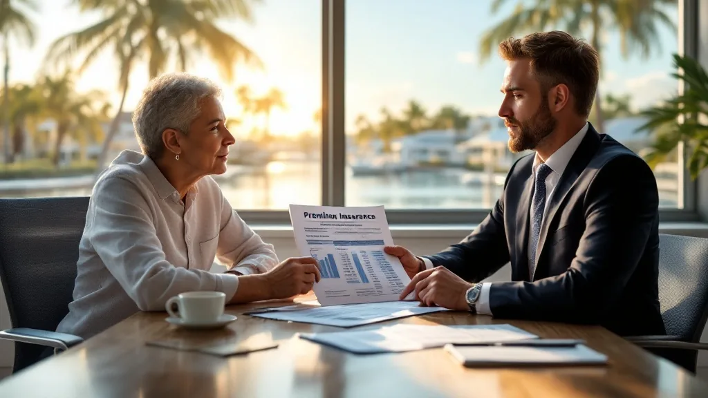 Florida flood insurance policy cost review — insurance advisor showing flood insurance premium breakdown to South Florida homebuyer