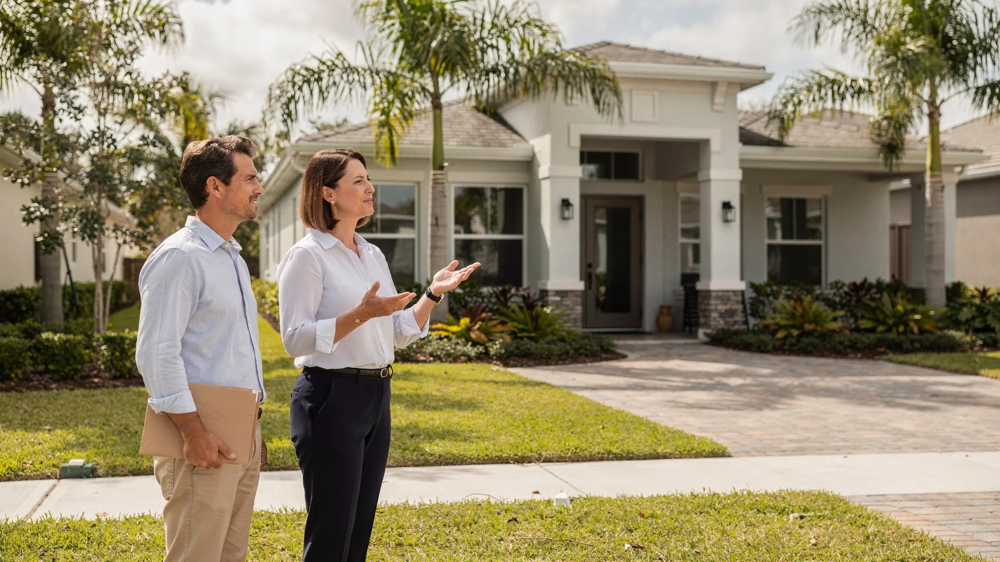 Buyer and independent agent pausing before approaching a builder setting, showing that registration, agent participation, and compensation are separate steps.