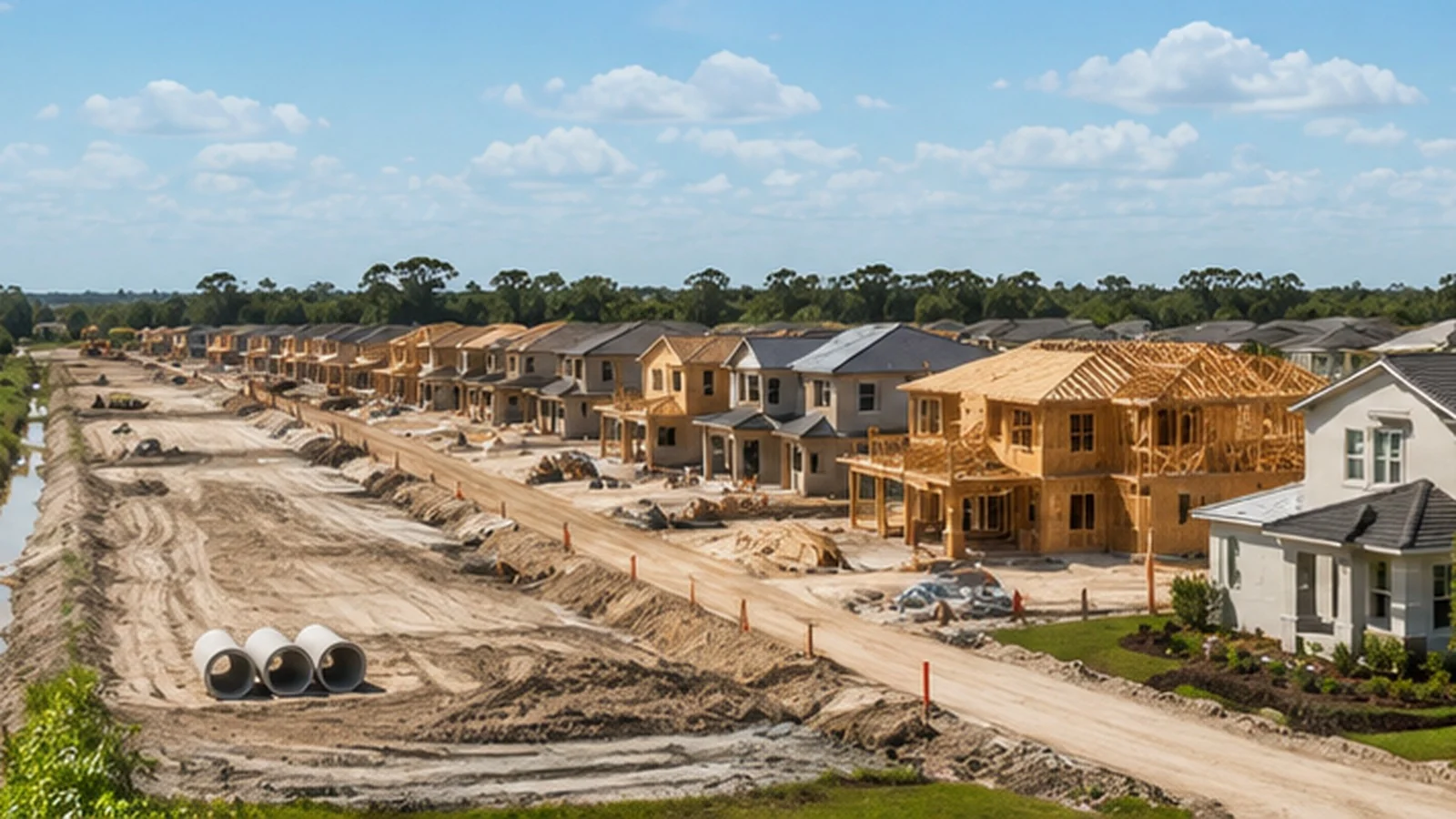 Conceptual view of separate land, infrastructure, construction, and completed-home stages, not a depiction of Calusa’s current condition.