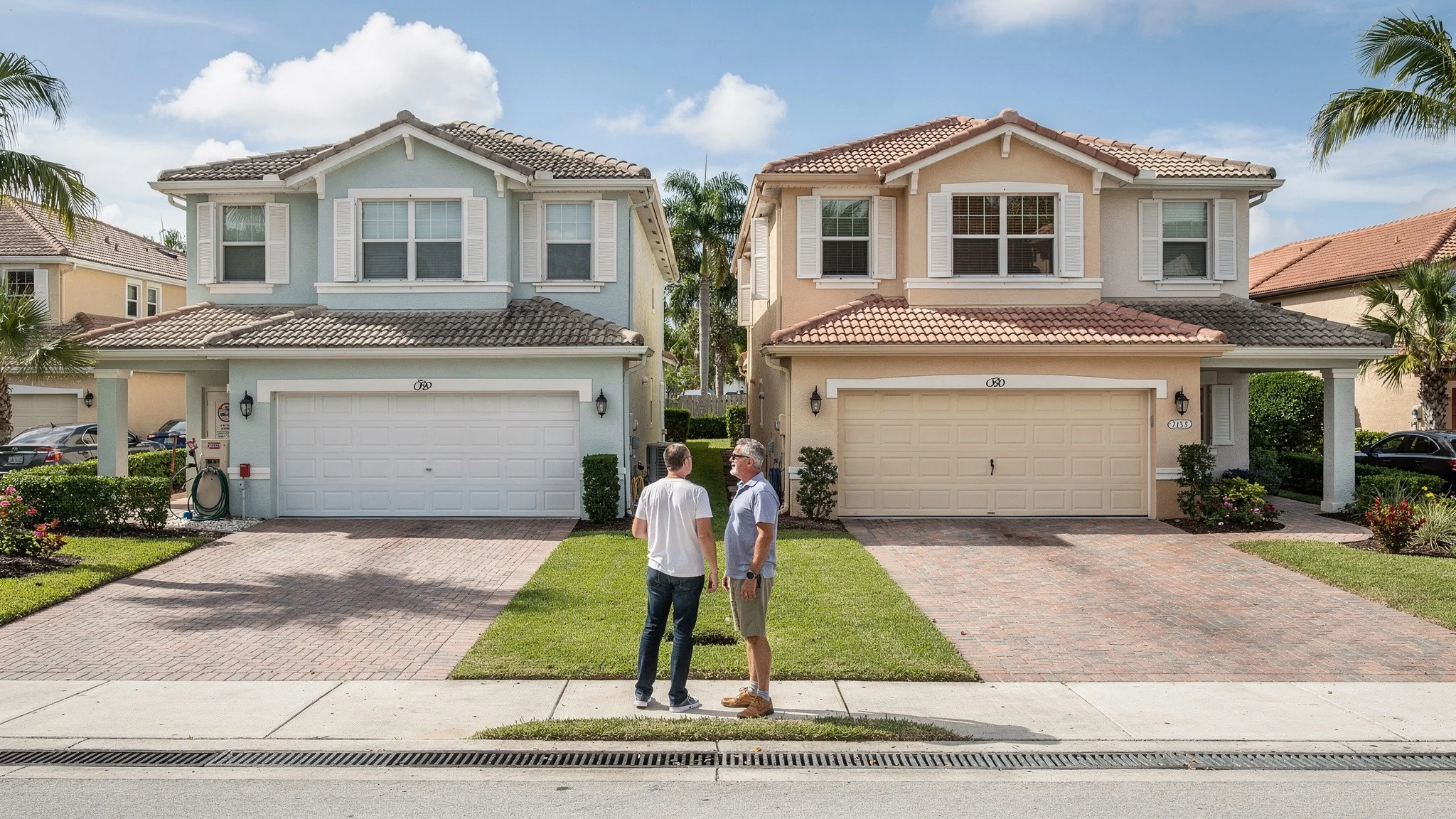 Conceptual view of two similar South Florida homes with different surroundings, showing why buyers must compare documents, costs, rules, and ownership duties.