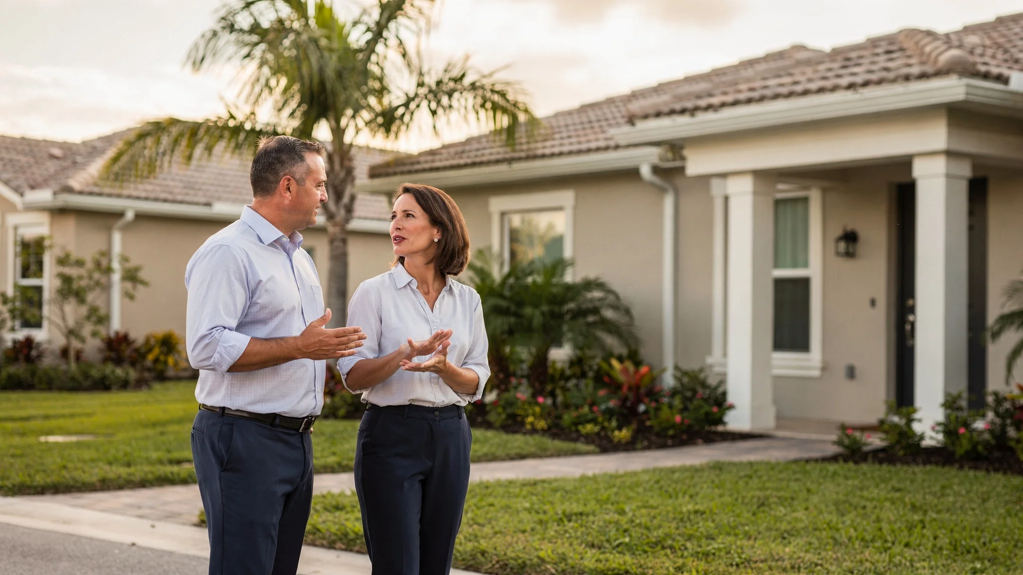 Buyer and independent professional calmly reviewing a newly constructed South Florida home.