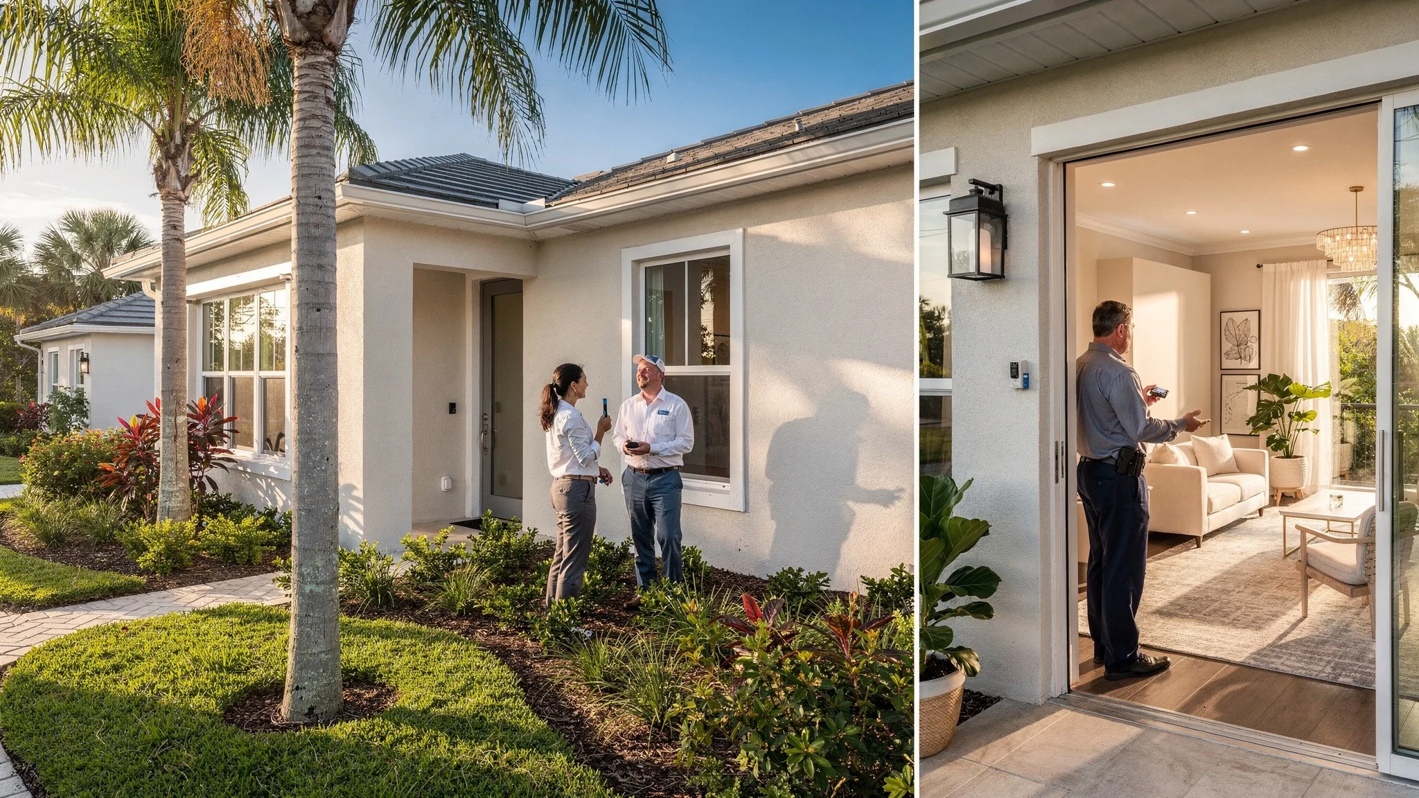Conceptual South Florida home scene showing inspection, repair follow-up, and warranty review as separate stages.