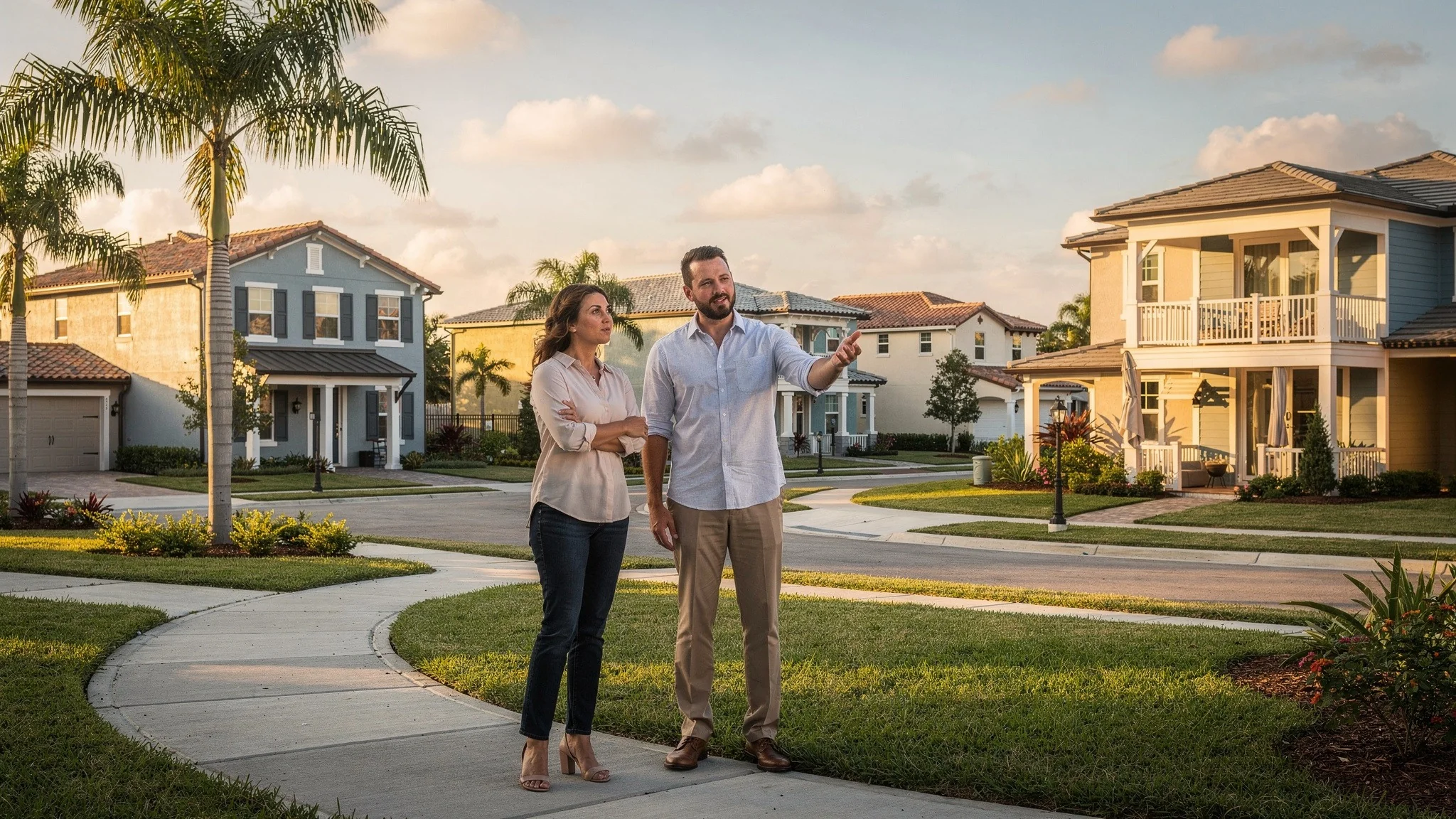 Buyer and advisor comparing different homes and homesite positions within a South Florida community.