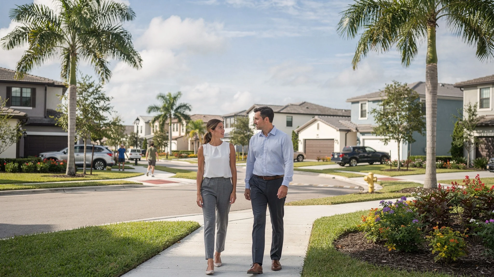 Buyer and advisor reviewing a South Florida residential community before making a new-construction home decision.