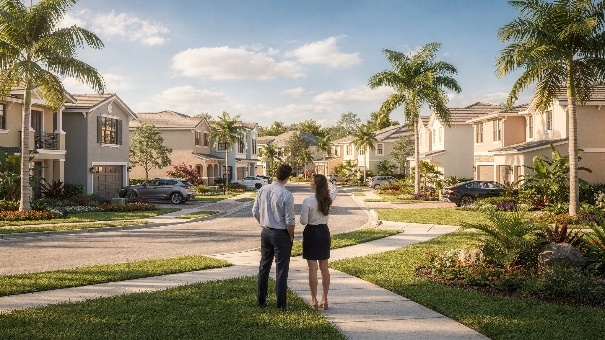 Buyer and advisor reviewing a South Florida new-construction neighborhood with palm trees and new homes.