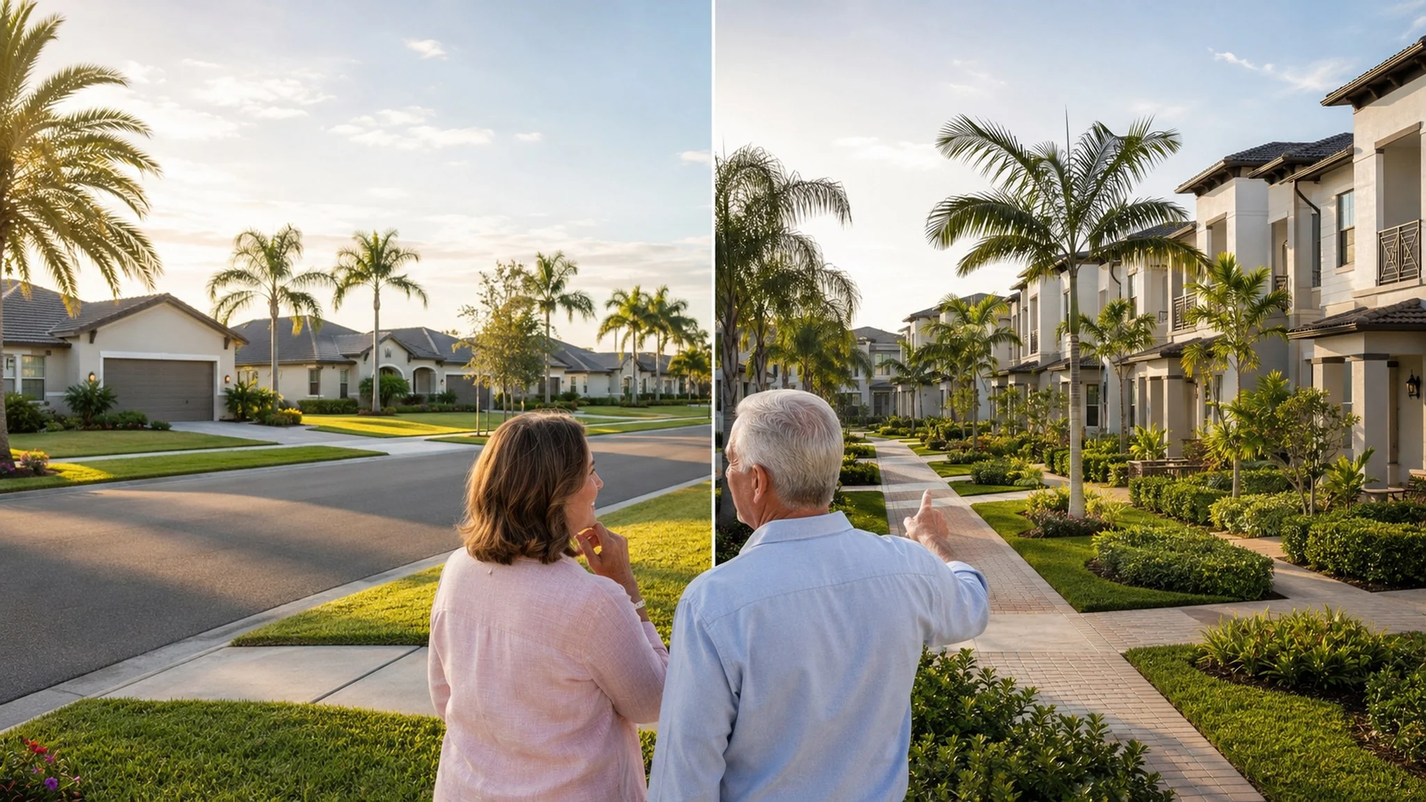 Buyer calmly comparing two distinct South Florida residential settings with different home forms and community layouts.