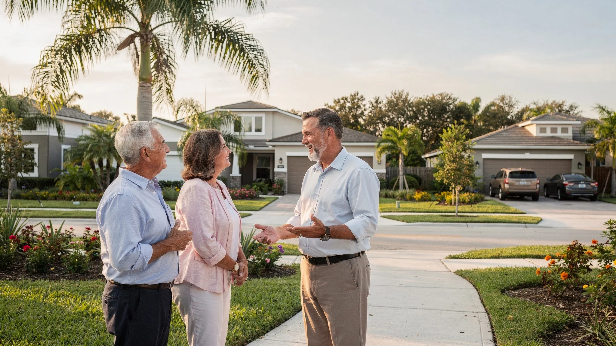 Mature adult buyers and a real estate professional calmly comparing South Florida new-home communities.