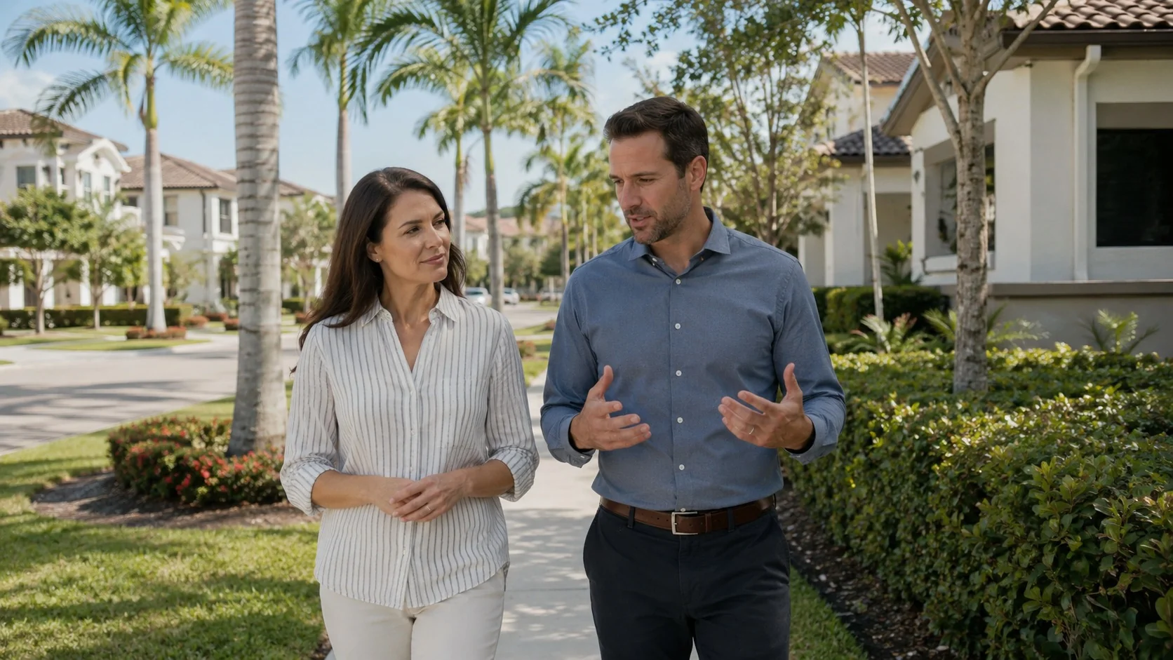 Buyer and advisor discussing a South Florida residential community before making a new-construction home decision.