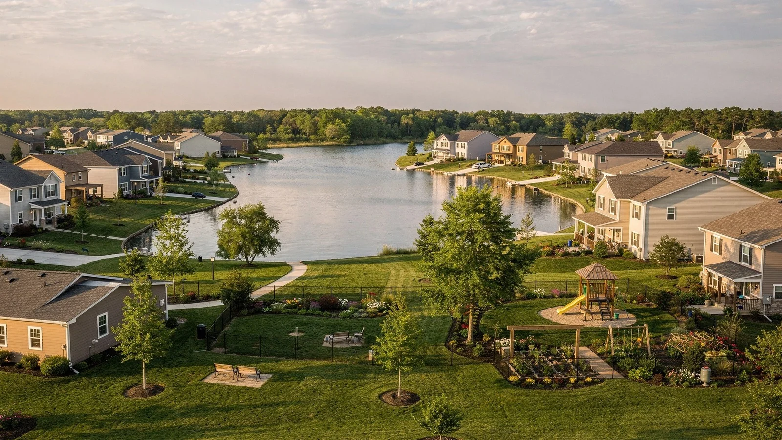 Conceptual view of two residential areas divided by a lake, showing why similarly branded communities may have different homes, amenities, duties, and costs.