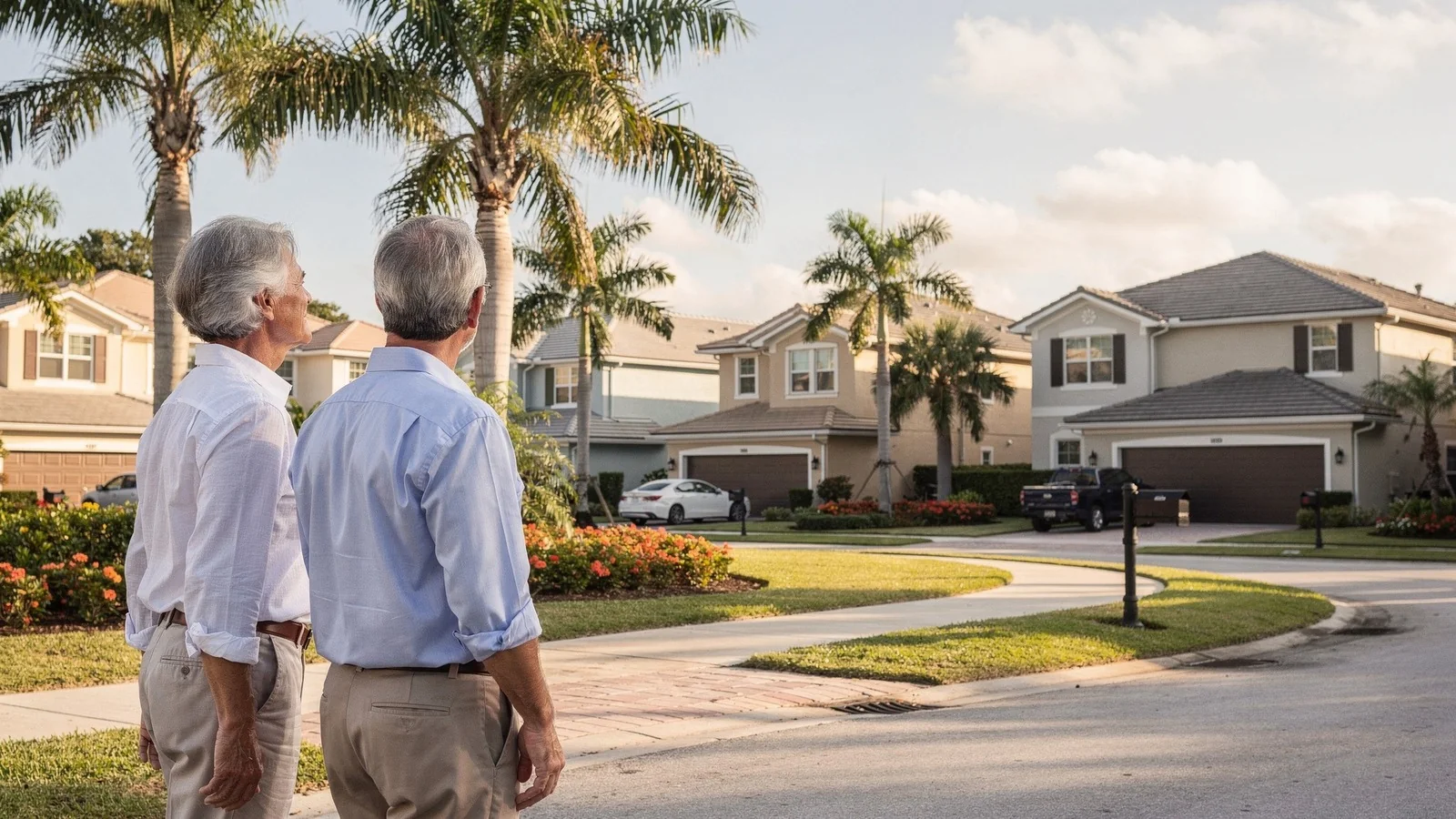 Prospective buyer and advisor reviewing homes in a South Florida community before contacting or registering with the builder.