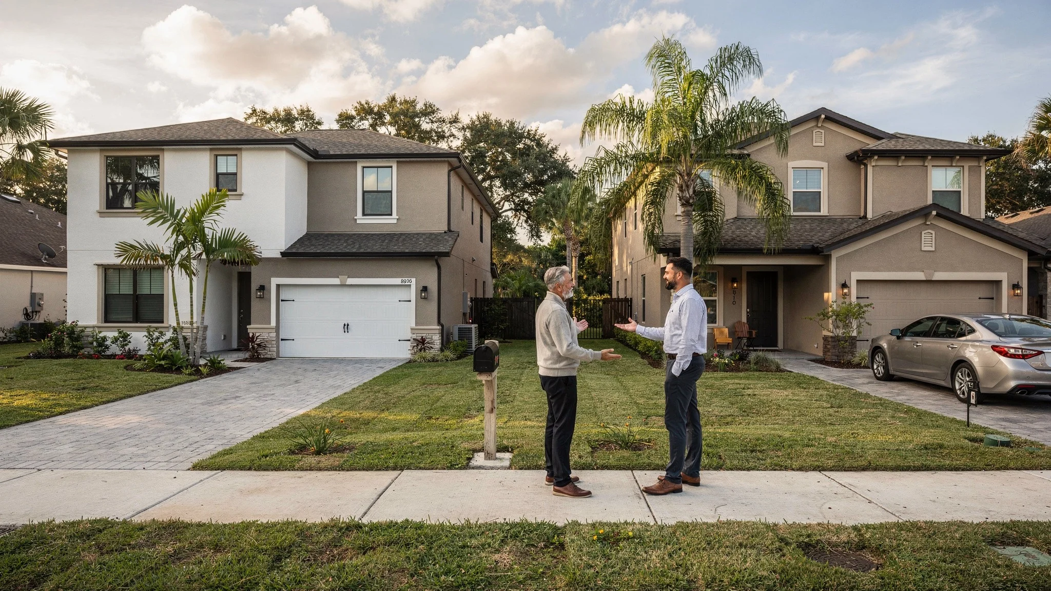 Conceptual comparison of a newly completed home and an established home in the same community, showing why the seller and transaction path must be verified.