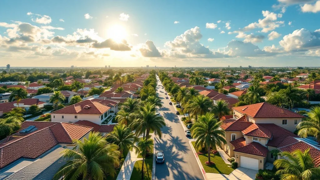 South Florida homebuyer grants Miami-Dade — aerial drone view of suburban neighborhood with stucco homes and red tile roofs