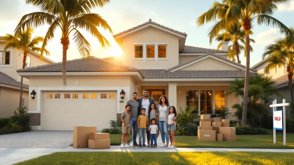 Florida homestead exemption portability — South Florida family standing proudly in front of new stucco home with sold sign
