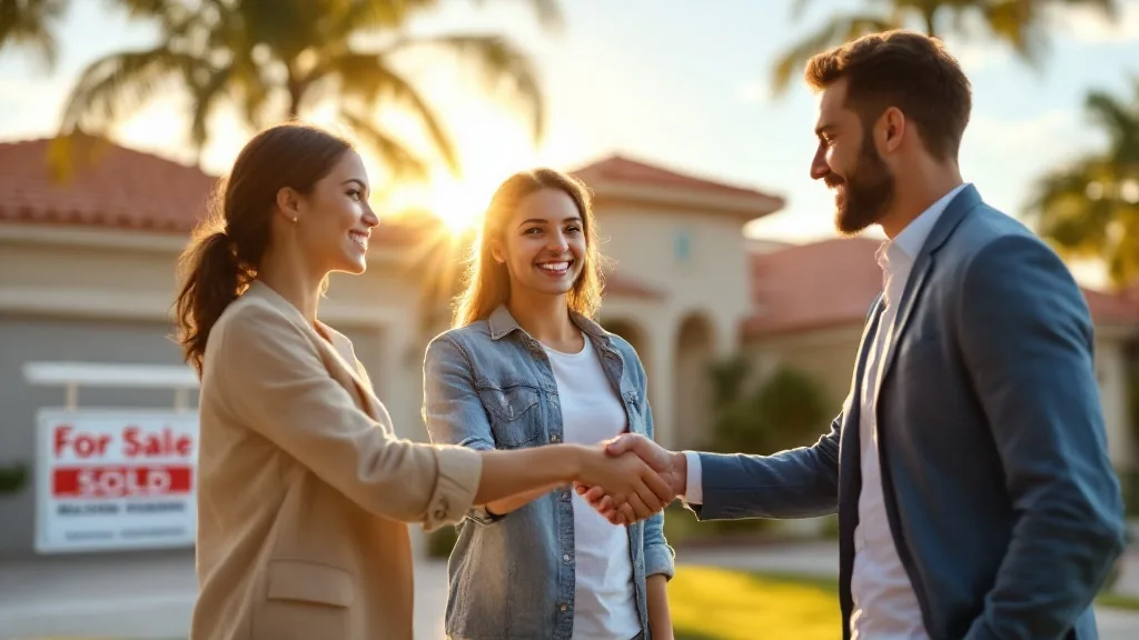 How to buy a home South Florida closing — real estate agent handing house keys to couple outside stucco home at golden hour