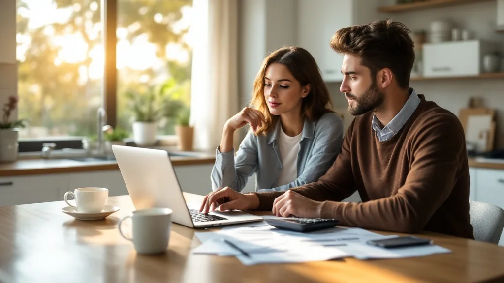 How to buy a home South Florida — first-time homebuyer couple reviewing mortgage calculations on laptop at kitchen table
