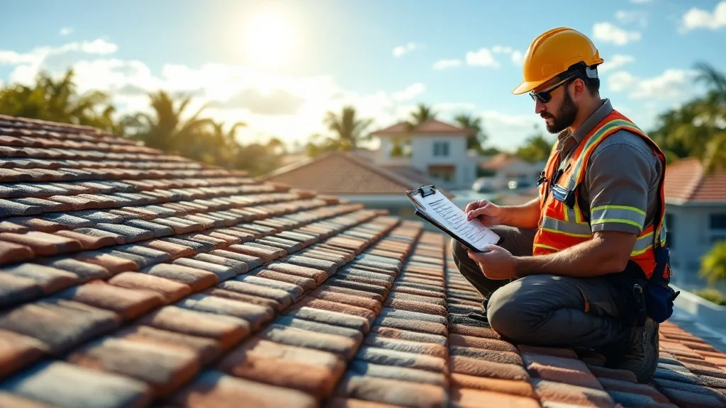 Florida 4-point inspection roof — licensed inspector on South Florida residential roof conducting insurance inspection with clipboard