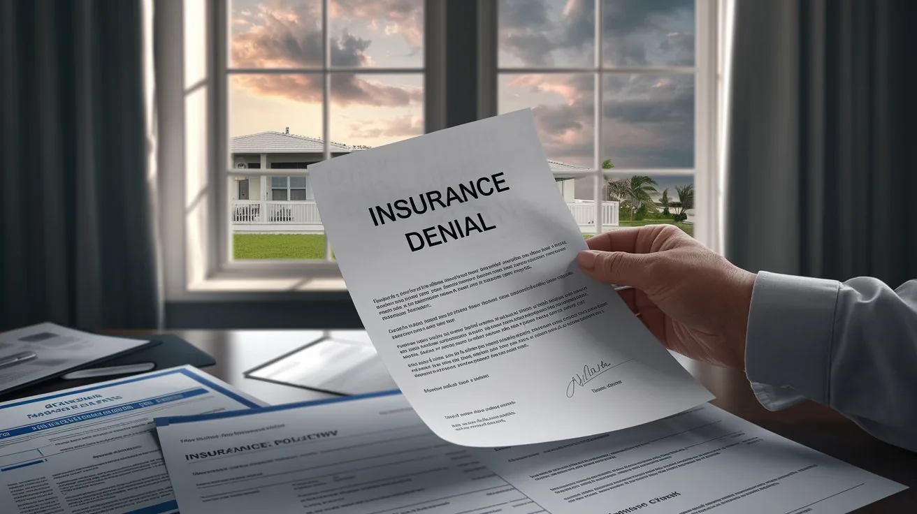 Florida home insurance crisis — homeowner holding insurance denial letter with South Florida home visible through window
