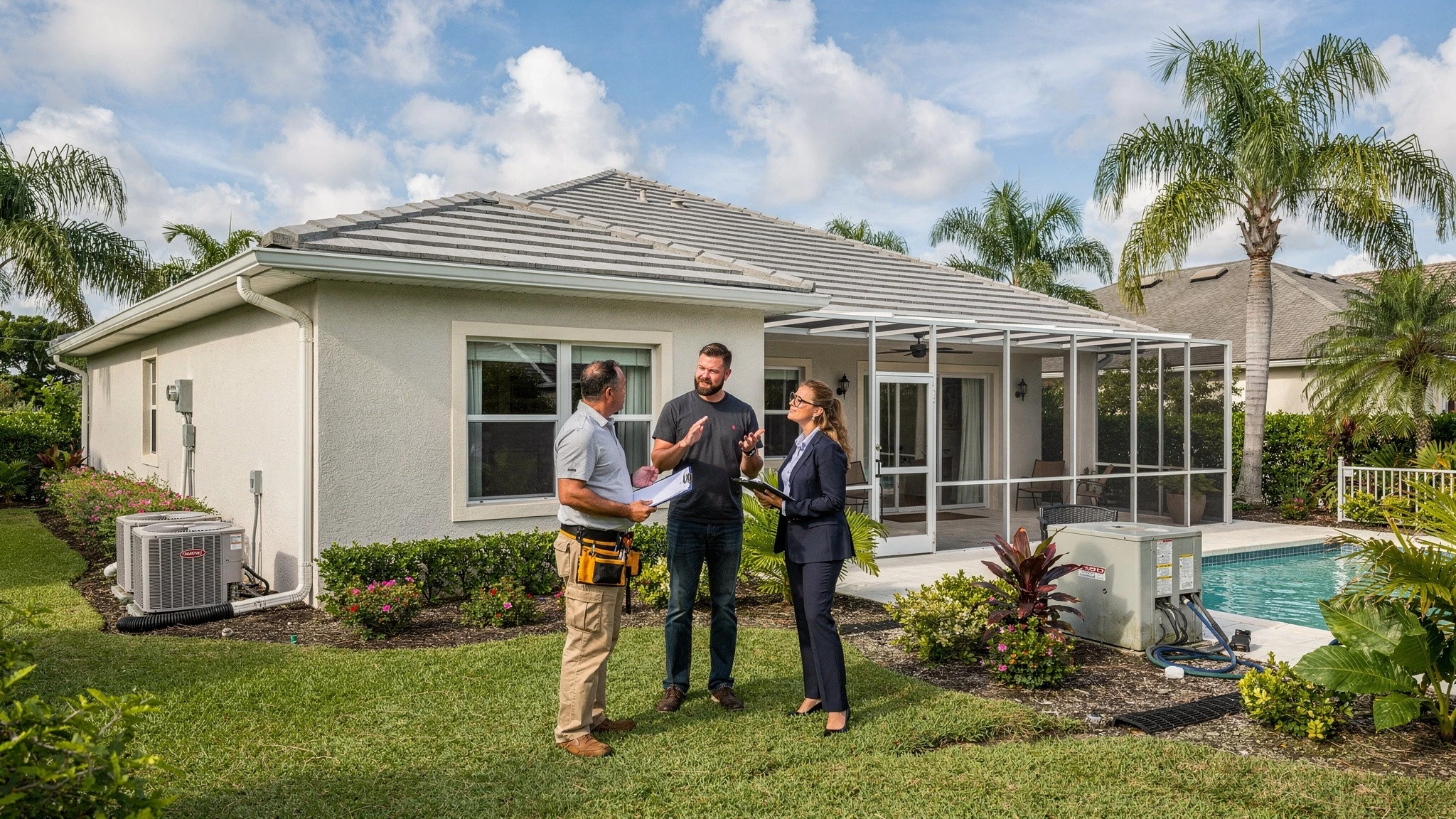 Buyer and professionals reviewing roof, exterior systems, drainage, pool area, and property condition at a Kendall home