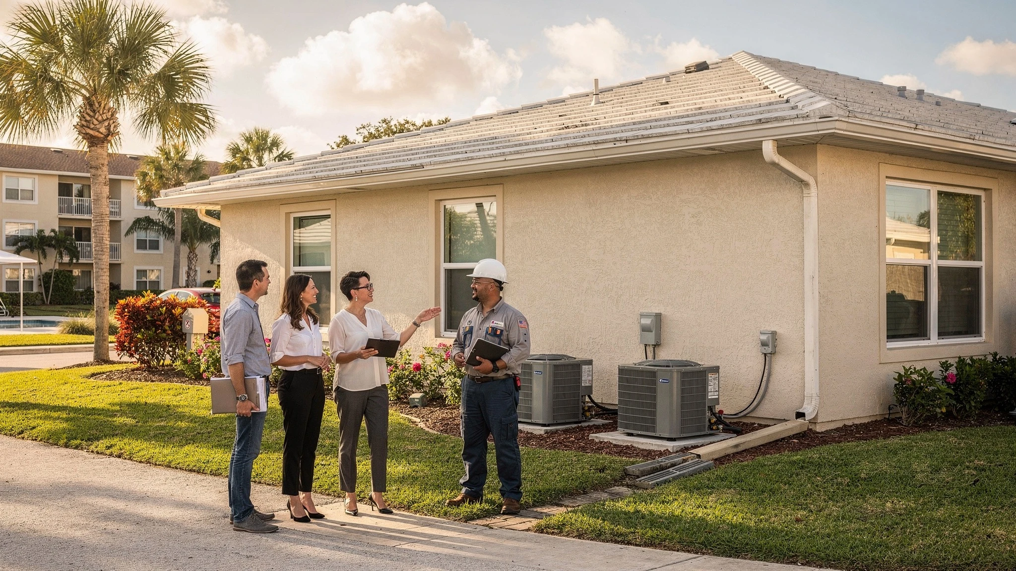 Buyer and professionals reviewing condo, townhome, single-family, and association condition questions in Palm Beach County