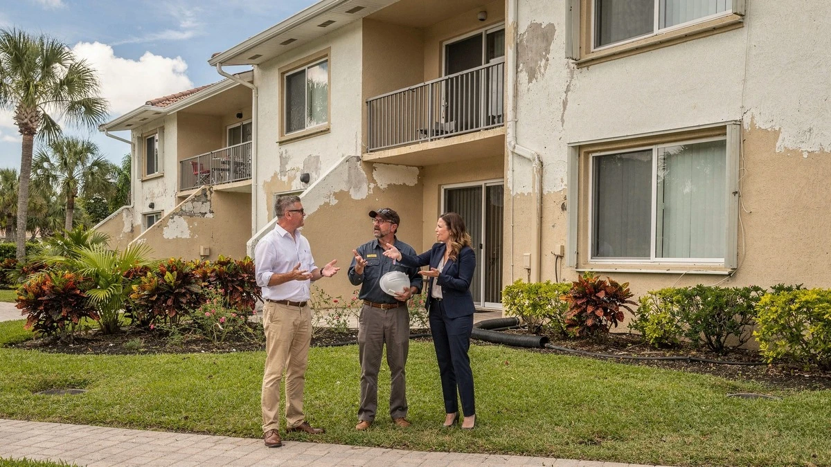 Buyer and professionals reviewing condition at a Hollywood residential building
