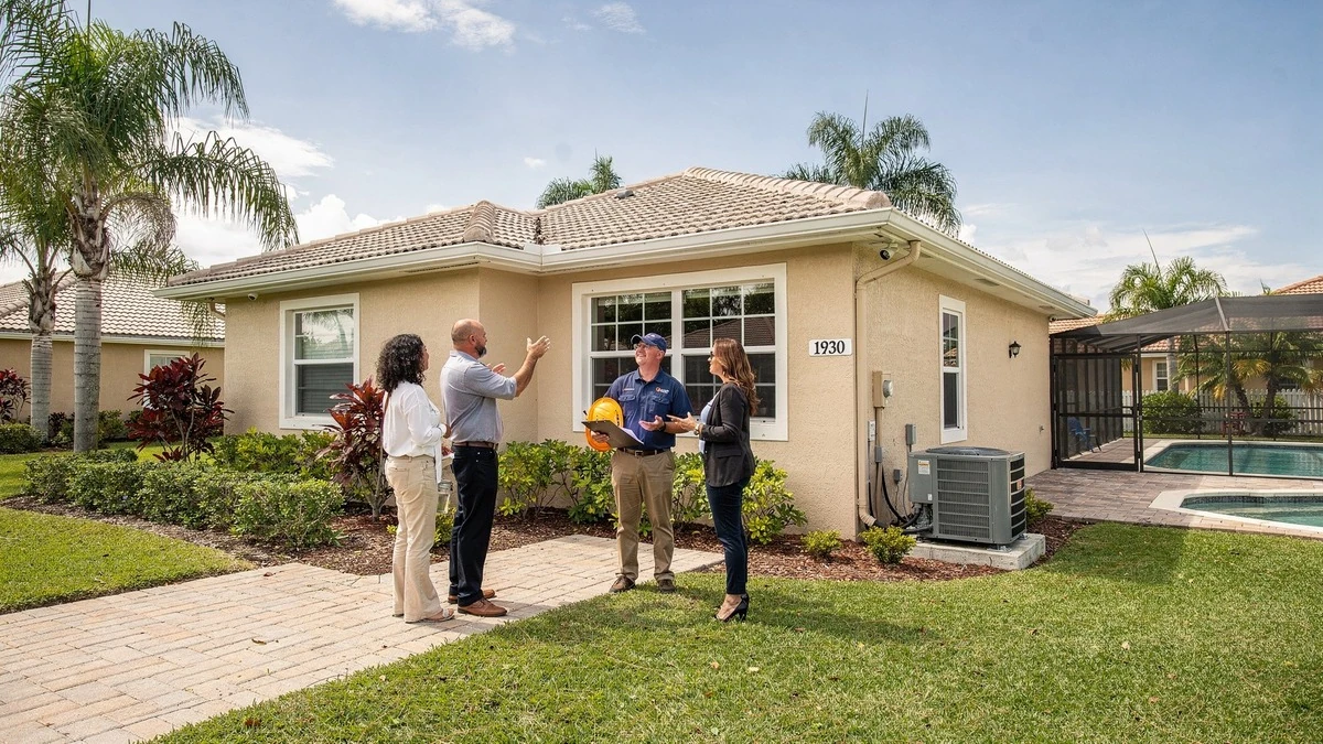 Buyer and professionals reviewing roof, drainage, and exterior condition at a Miramar home