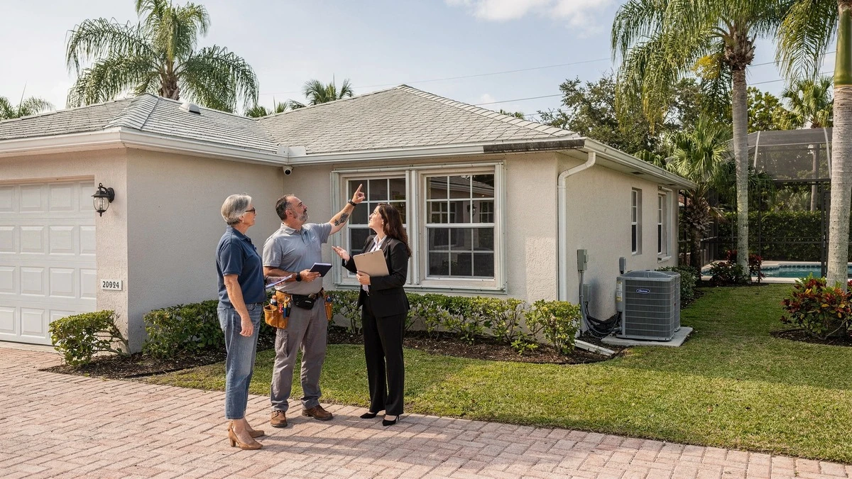 Buyer and professionals reviewing roof, drainage, and exterior condition at a Pembroke Pines home