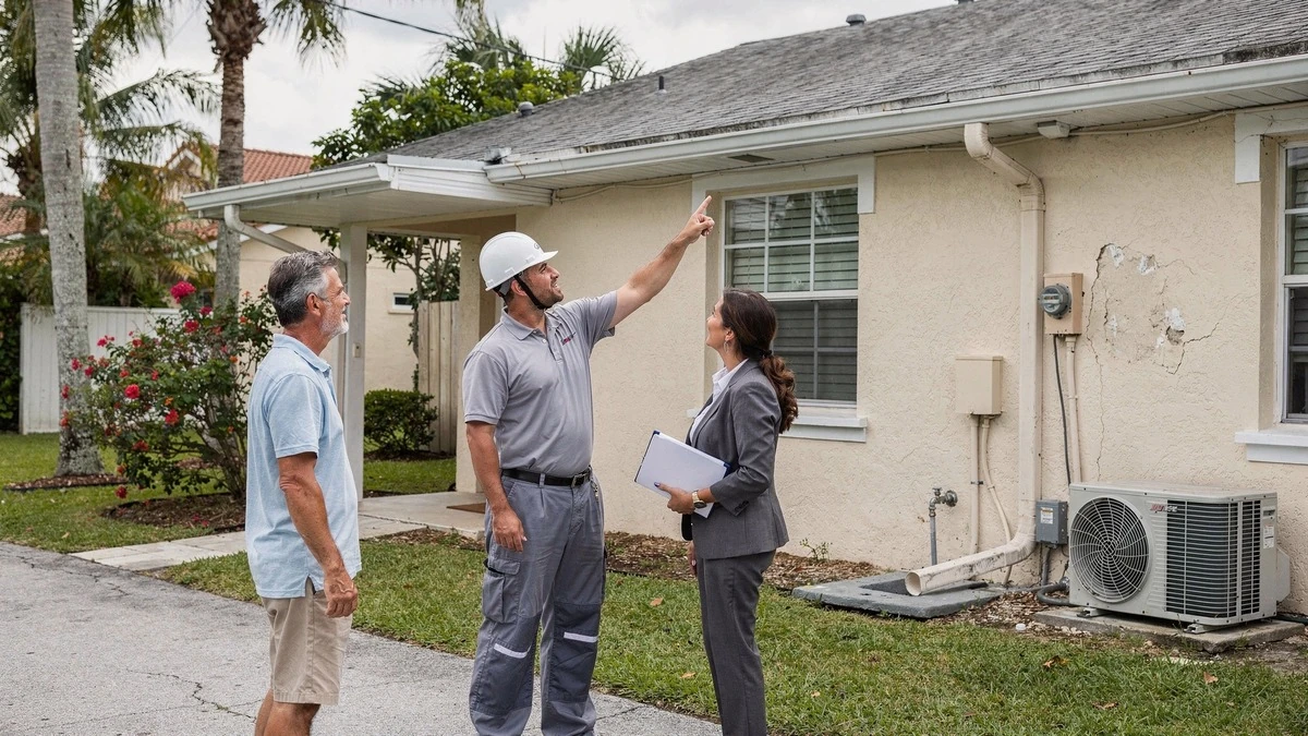 Buyer and professionals reviewing roof, exterior systems, drainage, and condition at a West Palm Beach property