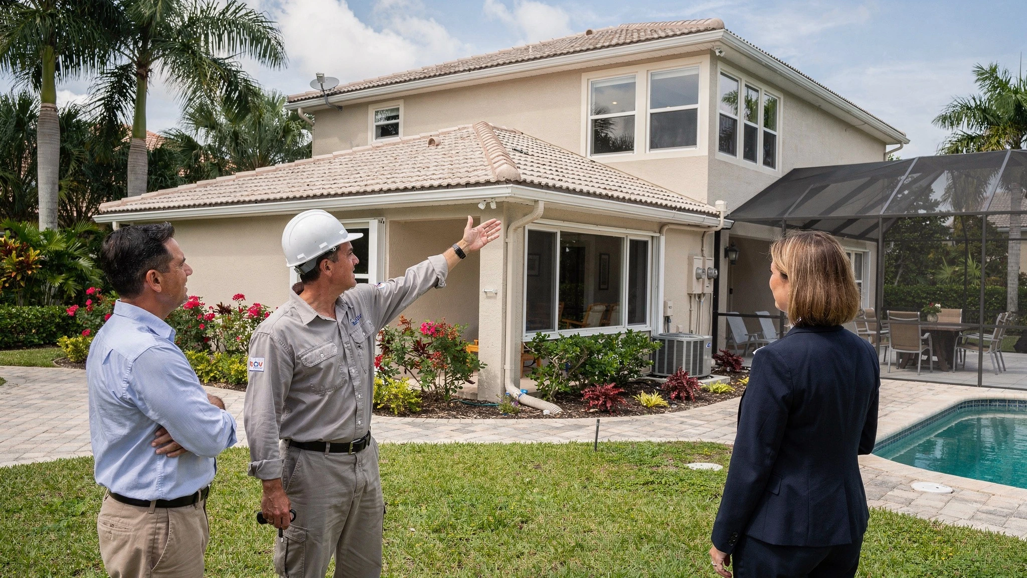 Buyer and professionals reviewing roof, exterior systems, drainage, pool area, and condition at a Boca Raton property