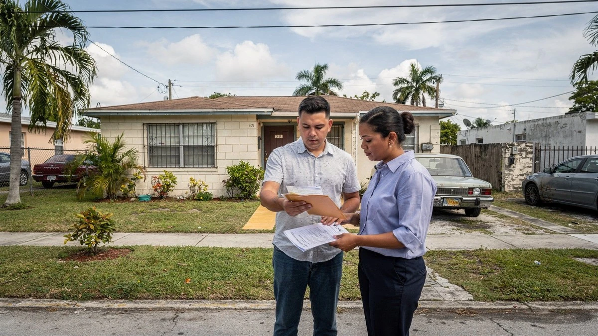 Buyer reviewing address-level property records outside a Hialeah home