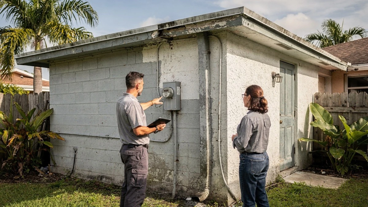 Buyer and construction professional reviewing an addition at a Hialeah home
