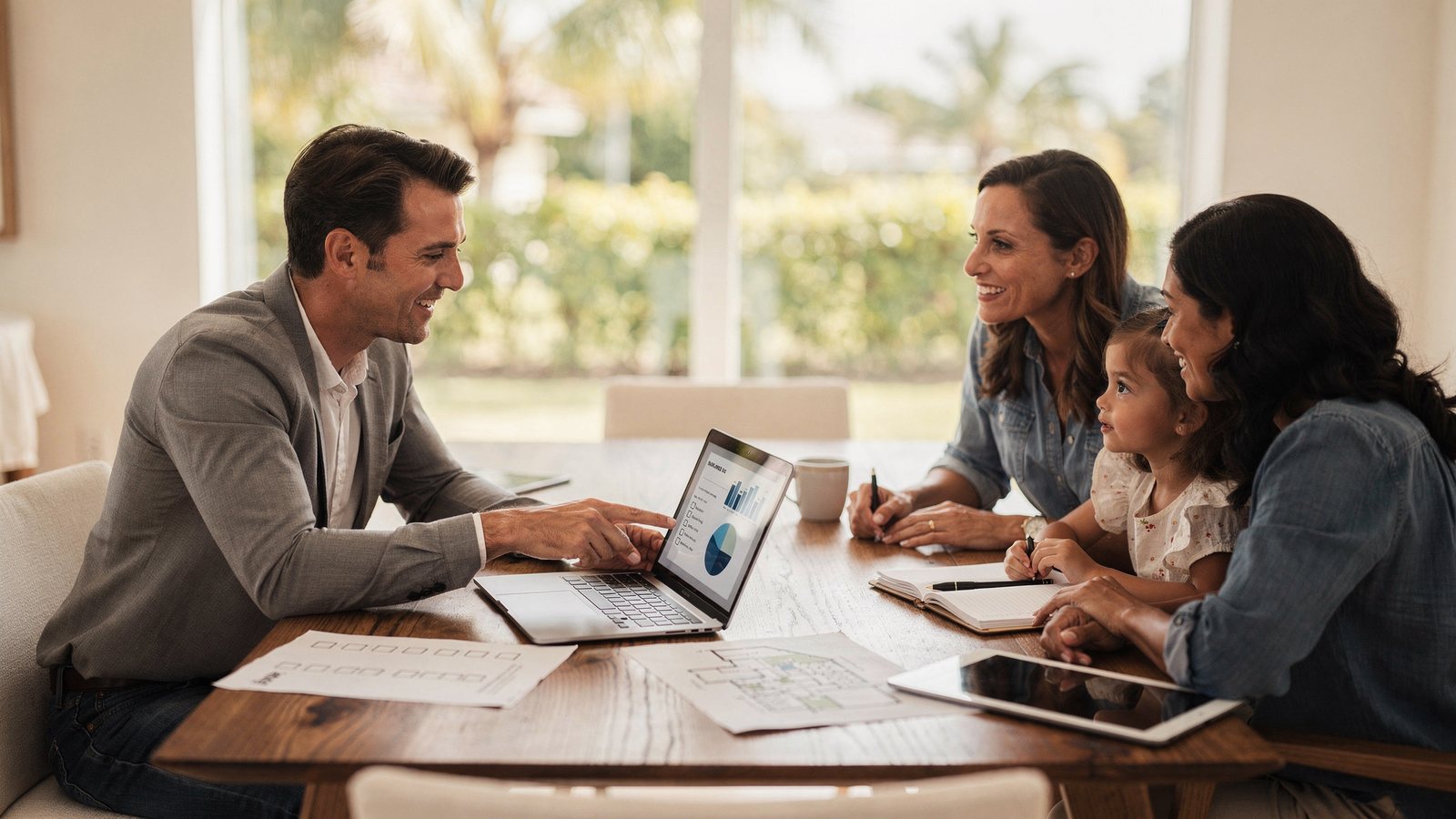 A South Florida family learning about homebuying with a calm real estate educator at a table.