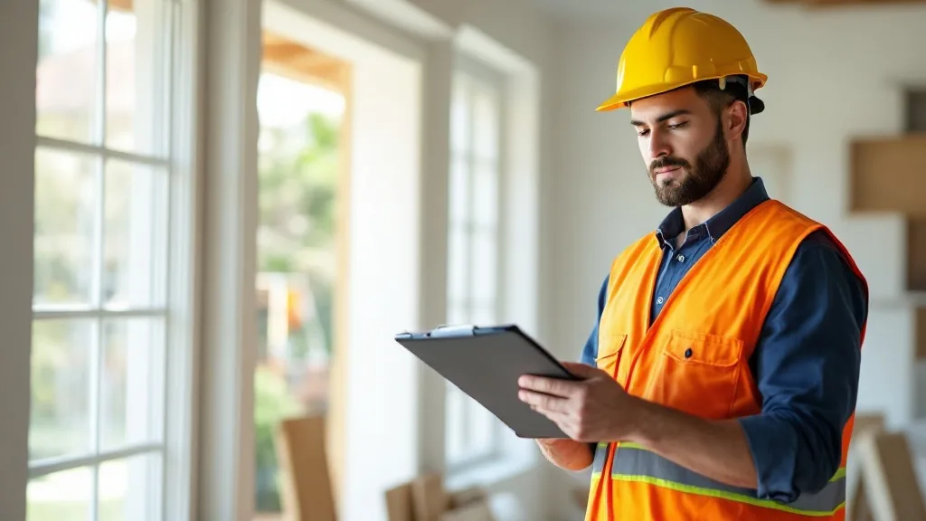 Home inspection red flags South Florida — licensed contractor in hard hat examining inspection report on clipboard inside home