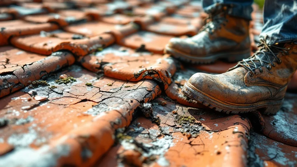 Roof inspection red flags South Florida — close-up of cracked and missing clay tiles with contractor boot for scale