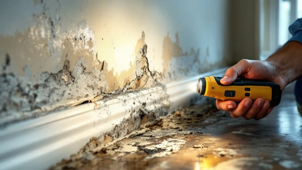 Water damage red flags South Florida — inspector shining flashlight on wall showing mold growth and moisture damage at baseboard