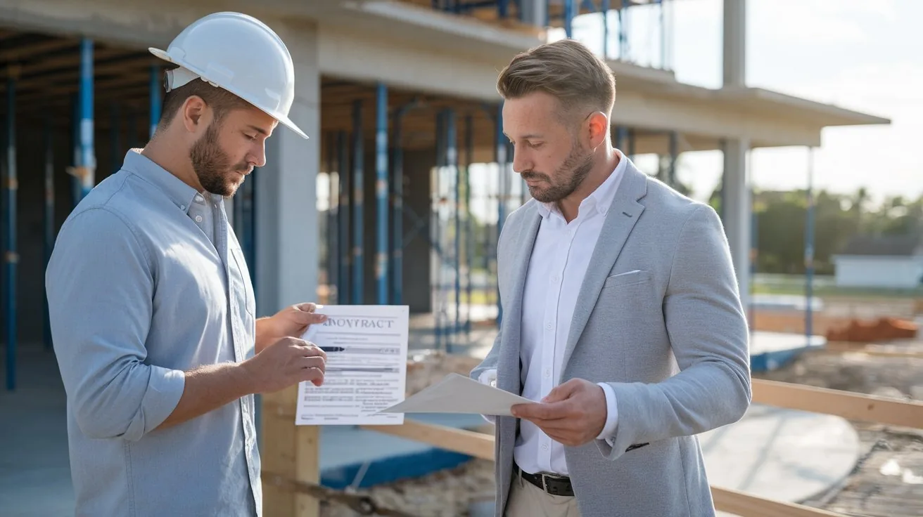 Licensed contractor verification South Florida — real estate advisor and homeowner reviewing contractor license credentials before renovation