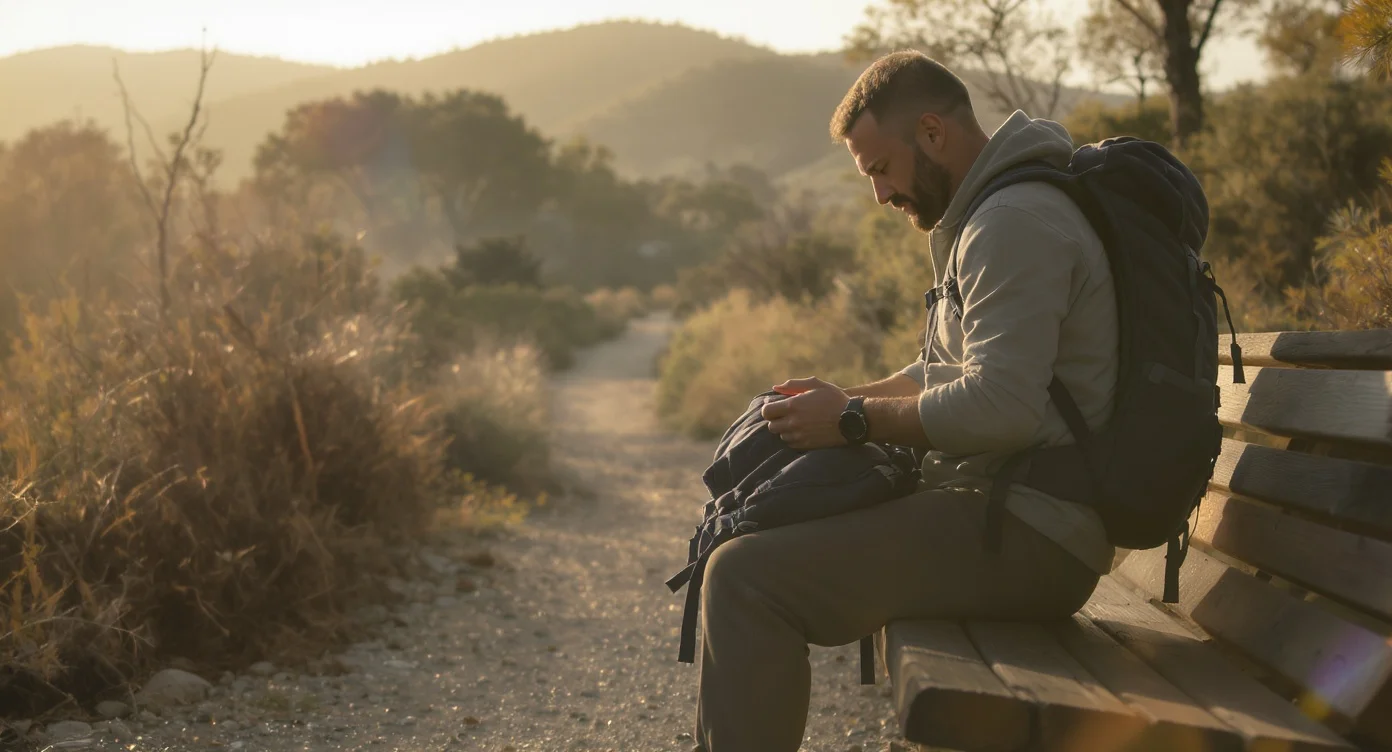 Person checking a backpack before a long walk to represent financial preparation.